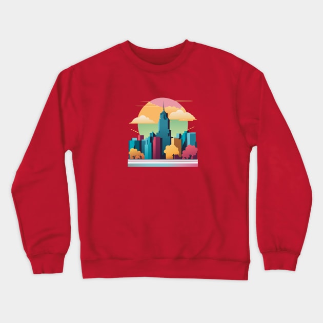 t-shirt design, colorful city skyline with buildings and clouds, vector art Crewneck Sweatshirt by goingplaces